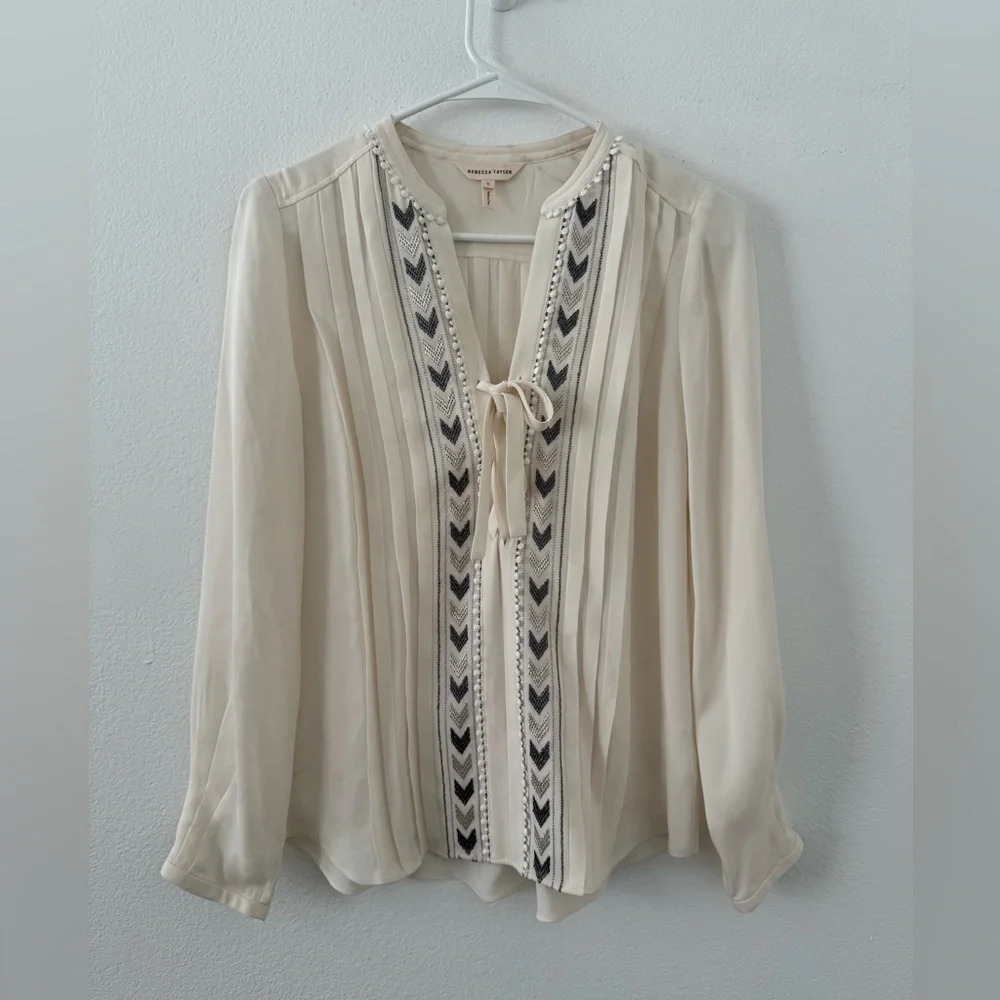 Rebecca Taylor Embroidered Chevron Silk Top Lace Up Neck Long Sleeve Sz 0 *FLAW